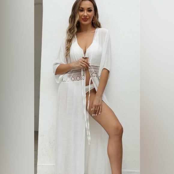 NEW Boho White Lace Beach Dress Coverup with Flutter Sleeves & 2-Tie Front, OS - Picture 2 of 13